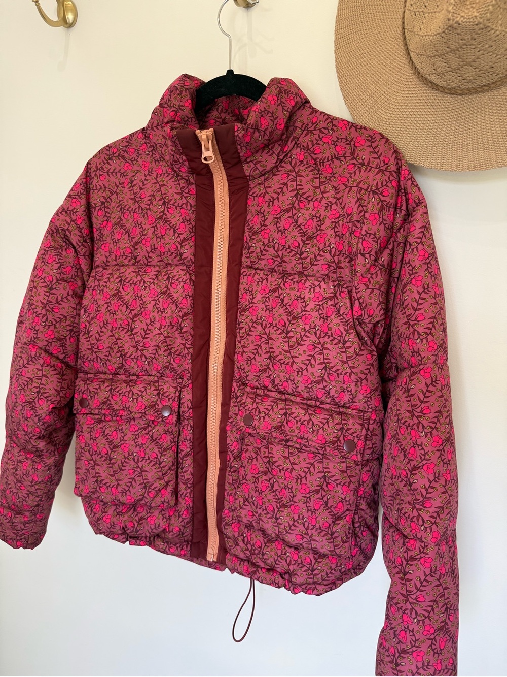 Anthropologie Floral Pink Quilted Puffer Jacket